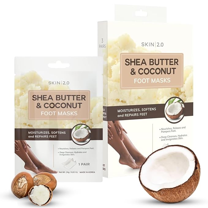 Shea Butter & Coconut Foot Masks - Softens Calluses, Treats Cracked Heels, Soothing & Hydrating - Dermatologist Tested Korean Skincare - Clean Beauty, Cruelty-Free, All Skin Types - 3 Pairs