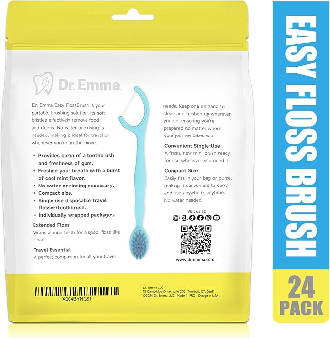 Dr. Emma Mini Brush Disposable Toothbrushes with Floss, Travel Mint Toothbrush for On-The-Go Use, 24 Packs Individually Wrapped Small Portable Toothbrush, Blue