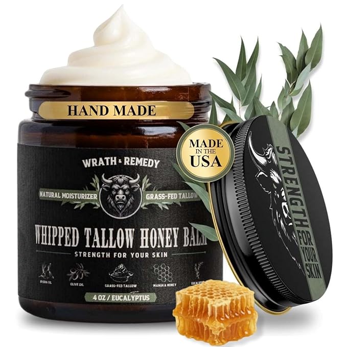 Organic Beef Tallow for Skin - 4 OZ (Eucalyptus) — Grass Fed Beef Tallow for face + Body — US-Made Whipped Tallow and Honey Balm Moisturizer for Dry and Sensitive Skin, Eczema, Rosacea (No Additives)