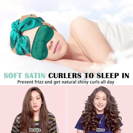 Satin Heatless Curls Overnight Hair Curlers to Sleep In Hair Curler Rollers No Heat Hair Wrap for Curls Headband, 70" Satin Heatless Curling Set for Women Long Waves Hair Volume -Green 10 PCS