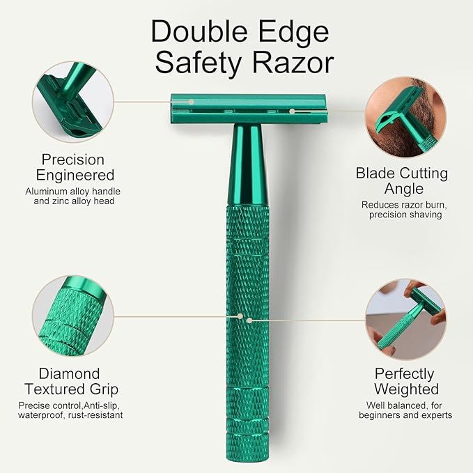 Double Edge Safety Razor, Single Blade Razors for Men and Women, Reusable Metal Razor with 10 Stainless Steel Double Edge Blades, Smooth and Close Wet Shaving, Plastic Free, Green