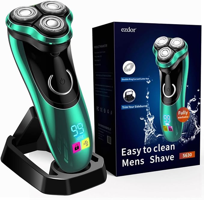 Electric Razor for Men, Rechargeable Shaver with Charging Stand, Cordless Wet & Dry Waterproof Razor with Pop-up Trimmer (Green)