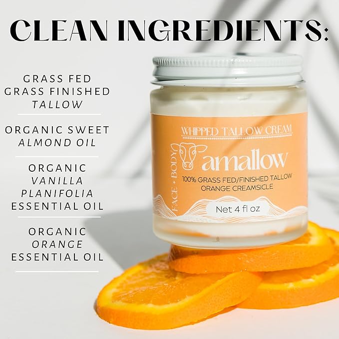 Amallow 100% Grass Fed Beef Tallow for Skin Care - Face + Body - Whipped Moisturizer - Natural Lotion, 4 FL. oz. (Orange Creamsicle)