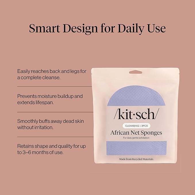 Kitsch African Net Sponge – Exfoliating Body Scrubber for Cleansing & Gentle Daily Exfoliation – Stretchable Bath Sponge for Hard-to-Reach Areas, Long-Lasting Shower Essential - Ocean Blue, 3 Pcs