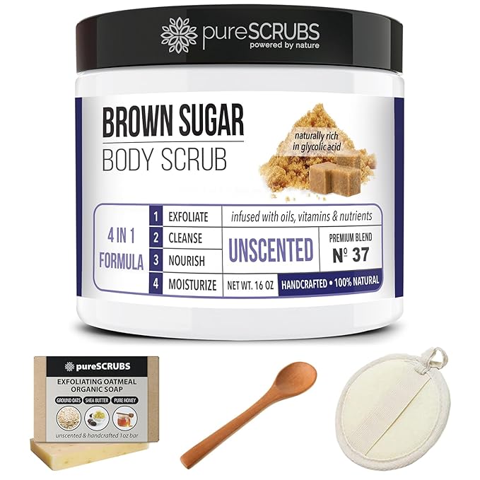 pureSCRUBS Premium Unscented Brown Sugar Body Scrub | Large 16oz Jar | Face, Feet & Full Body Scrub | Includes Wooden Spoon, Loofah & Mini Exfoliating Bar Soap
