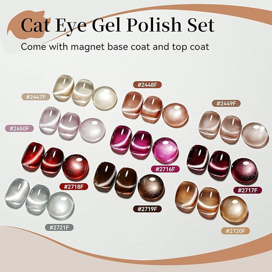 JODSONE Cat Eye Gel Nail Polish Set Pink Rose Red Sliver Collection 10 Colors Holographic Sparkle Cat Eye with Base Coat Top Coat Magnet DIY Nail Art Gift