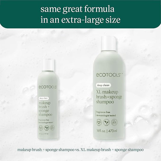 EcoTools XL Makeup Brush + Sponge Shampoo, Removes Makeup, Dirt, & Impurities From Makeup Brushes & Makeup Blending Sponges, Fragrance-Free, Vegan, & Cruelty-Free 16 fl. oz./473 ml, 1 Count, Clear