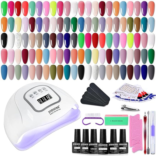 JODSONE 60 Bottles of Gel Nail Polish Kit with U V Light 55 Kinds of Gorgeous and Charming Gel Polish Kit 5 Pieces Soak off Glossy Matte Top Coat Base Coat