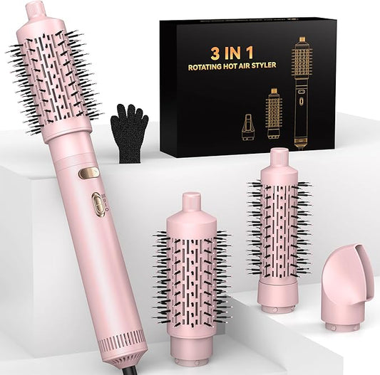 4 in 1 Rotating Hair Dryer Brush Spinning with Detachable Brush(2" & 1.5"),Negative Ionic Brush Blow Dryer 100-120V,3 Heats and 2 Speeds Rotating Hot Air Brush for Curling,Straight,Drying