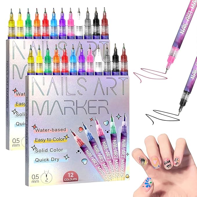 12 Colors Nail Art Pens Set, Nail Art Markers Polish Pen for 3D Nail Art, Drawing Painting Liner Brush for DIY Nail Art Beauty Adorn Manicure Tools (24 colors)