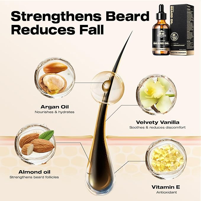 Waking Forest Vanilla Beard Oil for Men 60 ml - Biotin Mustache Oil with Vitamin E, Rosemary & Castor - Beard Care Softener, Strengthens, and Moisturizes - Beard Conditioner (2 oz)