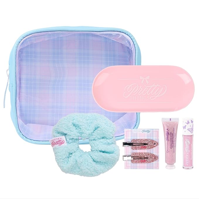 Petite N Pretty Get Ready with Me Essentials Set - Sparkly Ever After All Over Glitter (Mini Size), Makeup Tray, Scrunchie & Hair Accessories (Duck Clips), Makeup Bag for Girls, Teens, and Tweens