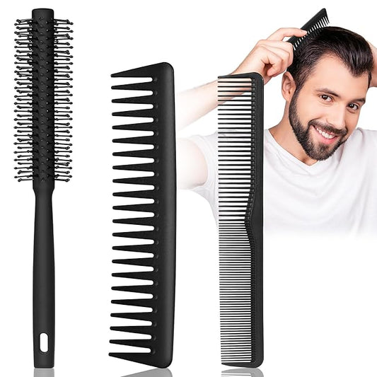 3PCS Comb Set Hair Combs for Men, Fine and Wide Tooth comb - Roller Brush for Adding Volume, Hair Styling mens comb for Styling and Grooming - Frosted Texture