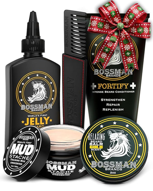 Bossman Complete Beard Kit – Men's Beard Oil Jelly, Fortifying Shower Conditioner, Balm, Mustache Wax & Comb – Beard Softener & Grooming Care (Gold Scent)