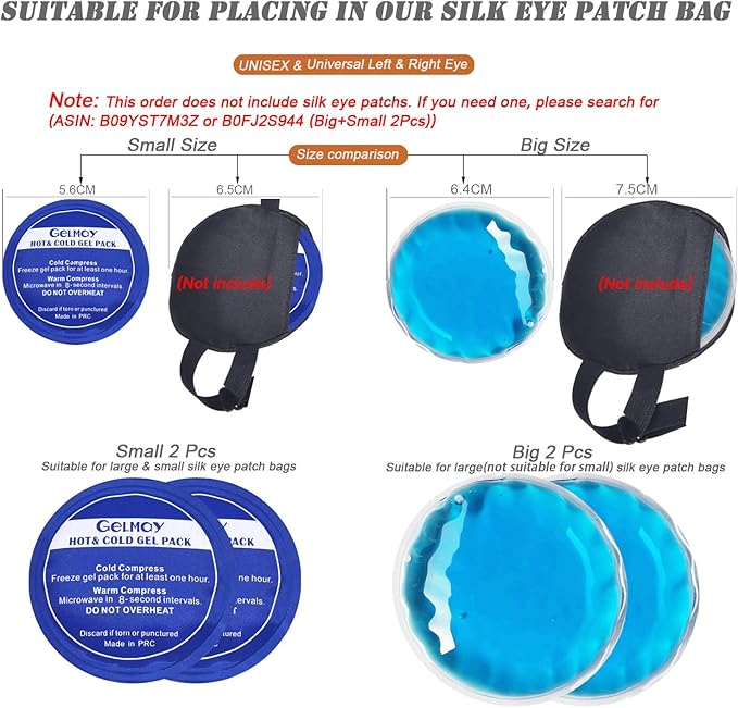 Ice Eye Patches for Puffy Eyes, Cooling Medical Eye Patch Pad Gel Pack Cover Eyepatch Cold Hot Therapy Eye Bags Dark Circles After Surgery Adult Kid (S2L2 PCS)