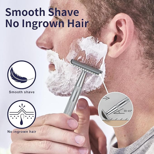 Matte Silver Double Edge Safety Razor, Single Blade Razors for Men and Women, with 10 Stainless Steel Safety Razor Blades, Reusable, Smooth and Close Wet Shaving Kit, Plastic Free