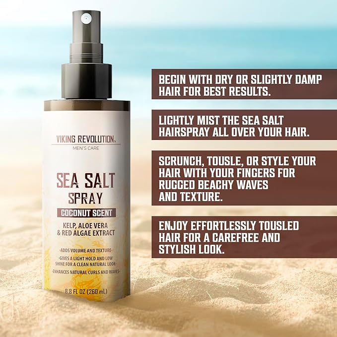 Viking Revolution Coconut Sea Salt Spray for Hair Men - Hair Texturizing Spray with Kelp, Aloe Vera & Red Algae Extract - Surf to Add Volume and Texture - Sea Salt for Men Beach