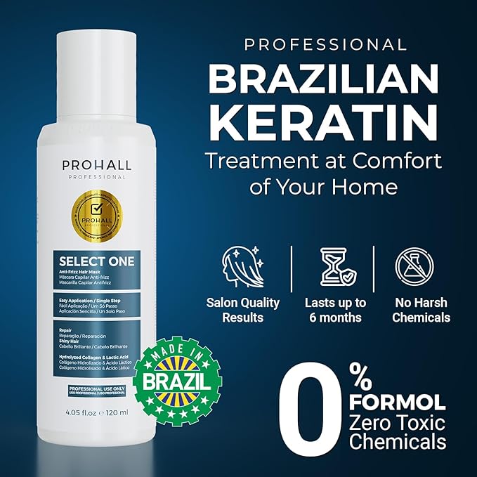Brazilian Keratin Treatment Blowout Complex-PROHALL SELECT ONE 4.05 oz-Formaldehyde Free Keratin Hair Treatment at Home-Queratina Brasileña Keratina Para Alisar el Pelo Sin Formol-Off White