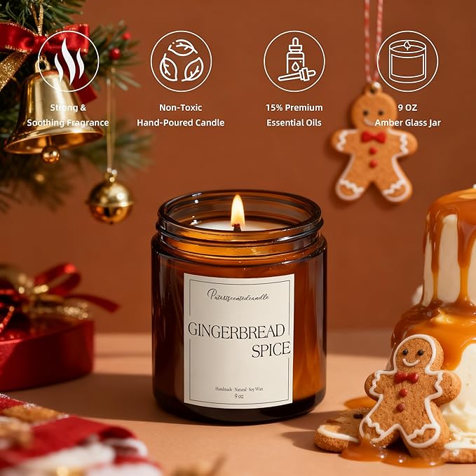 Gingerbread Spice Candles for Home Scented, Natural Soy Wax Aromatherapy Non Toxic Christmas Candle with Long Lasting Burn, Xmas Jar Candle Gifts for House Fragrance Decoration (9oz)