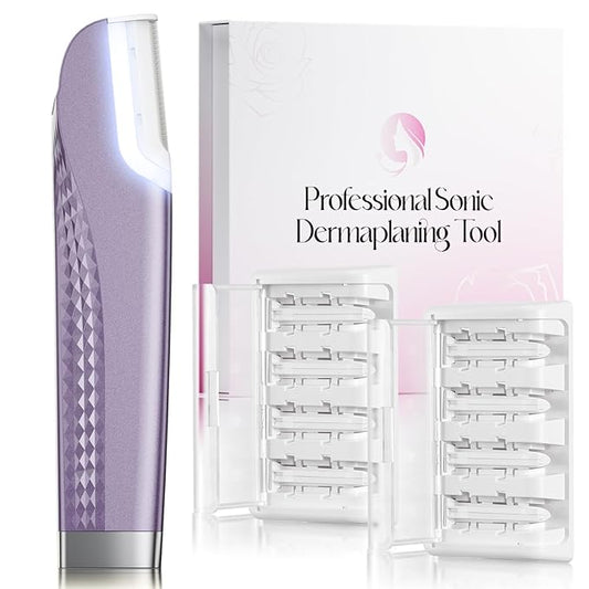 Dermaplane Razor For Women Face, 3 Adjustable Dermaplaning Tool,Facial Hair Removal Razors with Led Light for Peach Fuzz,Rechargeable Sonicsmooth Facial Hair Remover with 8 Replacement Blades (Purple)