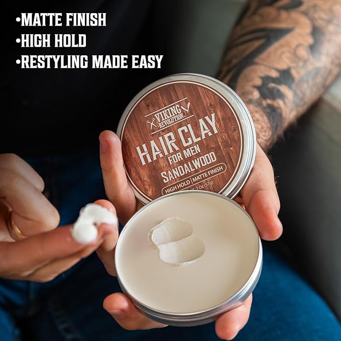 Viking Revolution Sea Salt Spray for Hair Men (8fl oz), Matte Sandalwood Hair Clay (2 oz) and Hair Styling Powder for Men (1oz) - Men Hair Styling Kit - The Ultimate Trio for Texture, Volume, and Hold