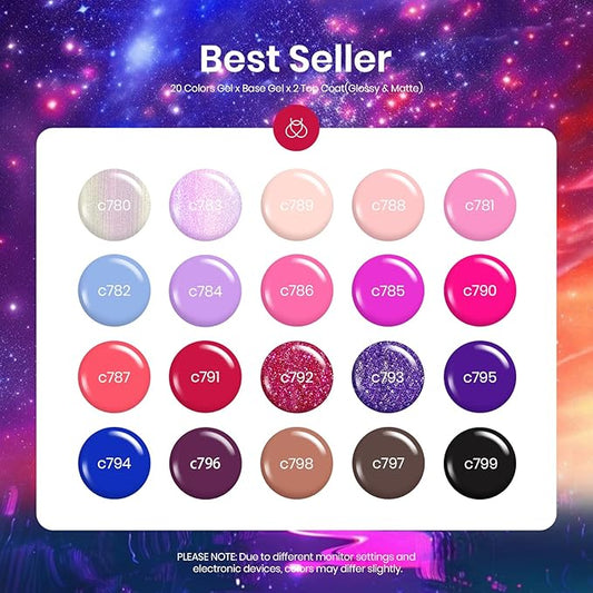 Beetles Pink Gel Nail Polish, Red Purple Nude Blue Glitter 20 Colors Gel Polish Set Romance Rebellion with Base & Top Coat, Soak off Uv LED Cured Nail Art Design Salon Home Gift for Women