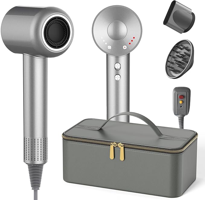 Hair Dryer with Carry Case, 160000 RPM Professional High-Speed Ionic Blow Dryer 200 Millions Negative Ionic & 3 Speeds & 3 Teamps & Low Noise, Hairdryer with Diffuser for Faster Drying, Gray