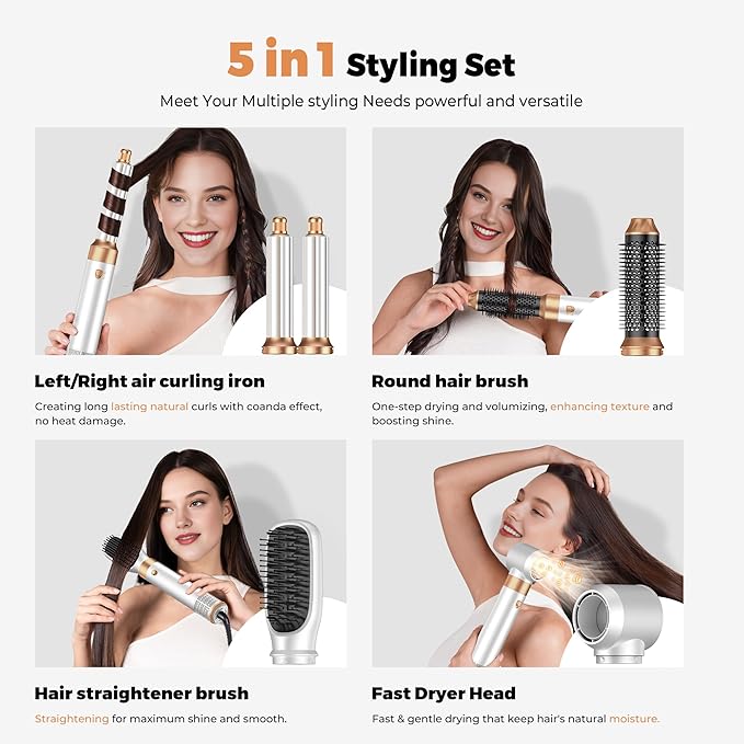5 in 1 Blow Dryer Brush Set,Hot Air Styler Negative Ion Air Curling Wrap Air Curler, Round Brush Blow Dryer Curling Iron Hair Styling Tools Gift for Dry,Volumize, Straight,Curl,100-120V
