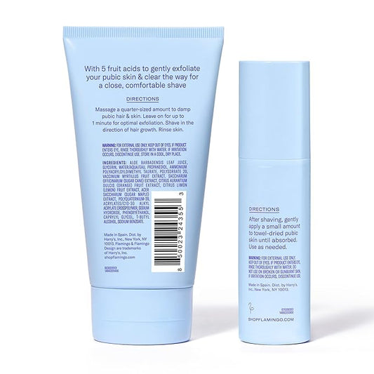 Flamingo Pubic Hair Shaving Skin Care Set, Exfoliating Shaving Gel for Women 5 fl oz with Restorative Post Shave Serum 1.7 fl oz