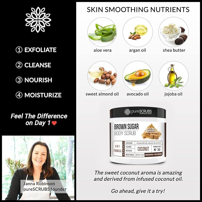 pureSCRUBS Premium Coconut Brown Sugar Scrub | Face, Feet & Full Body Scrub | Large 16oz Jar Includes Wooden Spoon, Loofah & Mini Exfoliating Bar Soap