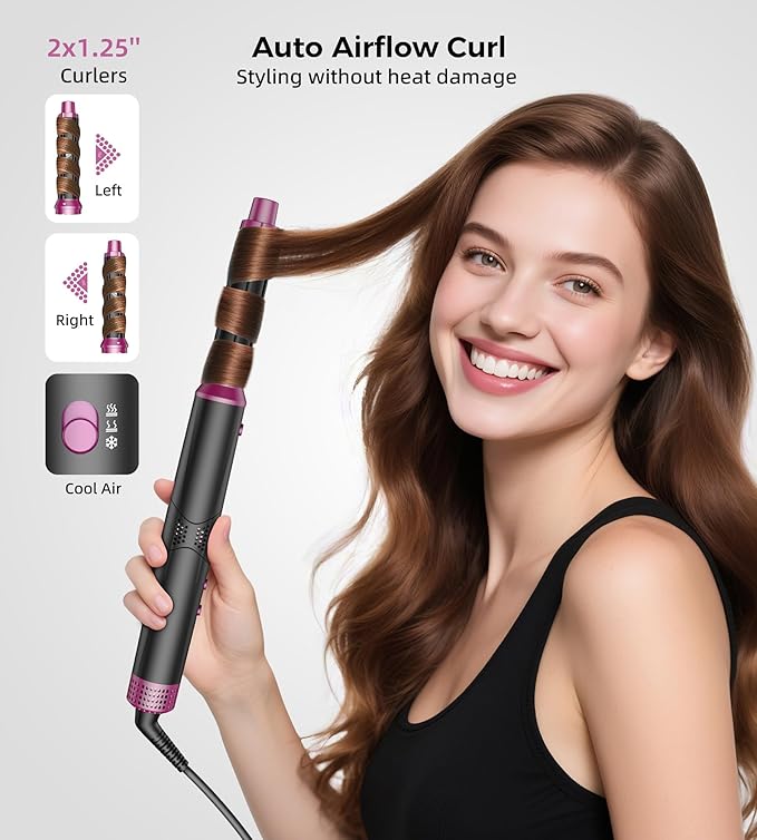 5 in 1 Hot Air Styler & Hair Dryer Brush, High-Speed Blow Dryer, 1300W Fast Drying Curling Without Heat Damage, Volumizing Straightening, Auto Wrap Curlers Includes Travel Storage Bag