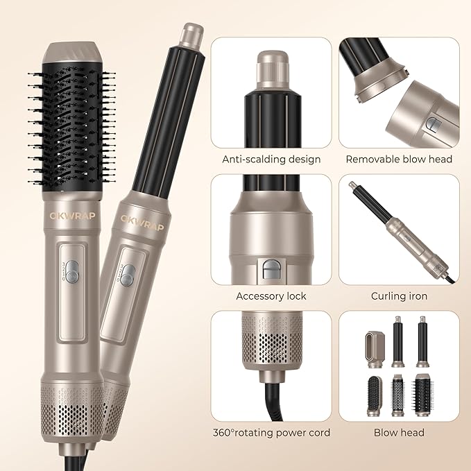 6 in ONE Blow Dryer Brush,Air Curling Iron Round Brush Blow Dryer 800W,Ionic Hair Dryer Brush for Women, Hot Air Brush Hair Styling Tools 100-120V