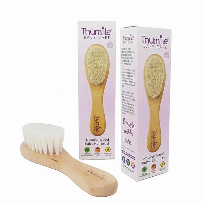 Baby Hair Brush by Thumble Baby Care | Cradle Cap Brushes For Babies | Super Soft Goat Bristles | Wooden, Natural And Plastic-Free | 2 Pack Infant Hairbrush Set For Newborns, Infants and Toddlers