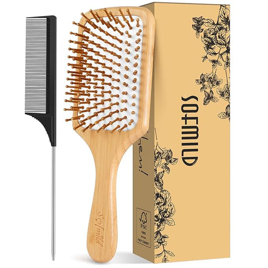 Hair Brush-Natural Wooden Bamboo Brush and Detangle Tail Comb, Paddle Hairbrush for Women Men and Kids Make Thin Long Curly Hair Health and Massage Scalp