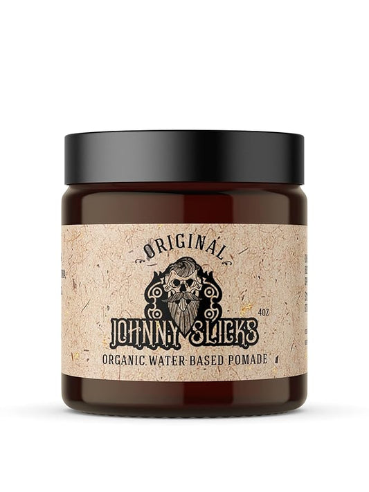 Johnny Slicks Water Based Pomade | Strong Hold, High Shine, Organic Styling for Men | Promotes Healthy Hair Growth & Helps Hydrate Dry Skin (Original, 4 Ounce) US Made, Veteran Owned