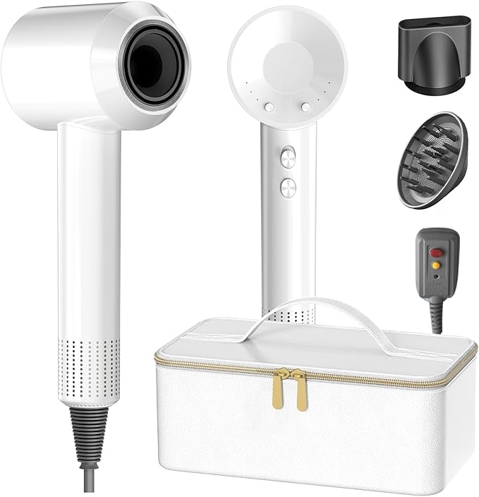 Hair Dryer with Carry Case, 160000 RPM Professional High-Speed Blow Dryer 200 Millions Negative Ionic Care Hair Dryer for Fast Drying, Low Noise Hairdryer, Travel with Magnetic Diffuser&Nozzle, White