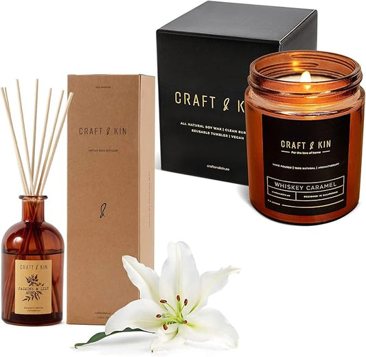 Whiskey Caramel Scented Candle & Reed Diffuser Bundle | Masculine Scented Set | Jasmine & Lily Fragrance | Rustic Home Decor Set
