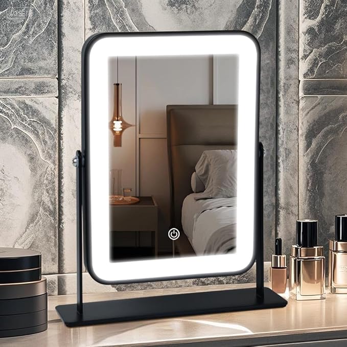 Portable Desk Vanity Mirror with Lights,Black Rechargeable Small Makeup Mirror with Lights,Mini Dorm Mirror,Touch Screen with 3-Color Lighting,Dimmable,for Tabletop,Bedroom,Bathroom