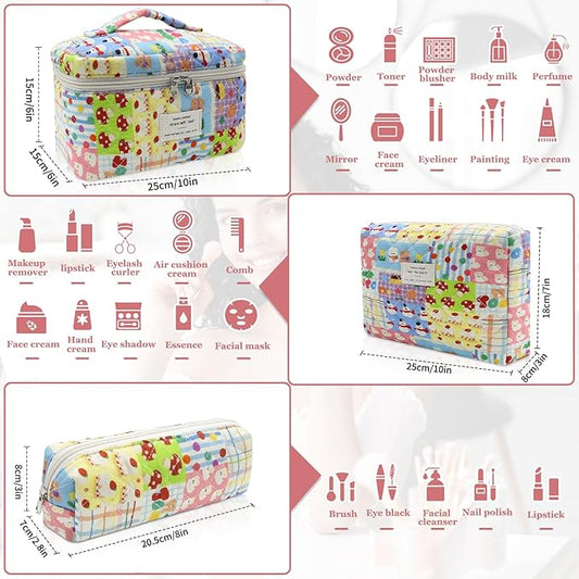 3pc Makeup Bag Set, Quilted Makeup Bag Set, Large Floral Cosmetic Bag for Women, Cute Cotton Makeup Bags, Flower Travel Toiletry Organizer Bag (Cartoon Park Print)