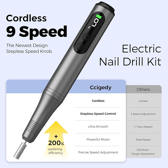 Cordless Electric Nail Drill Kit Professional Portable Electric Nail File Set Machine for Acrylic Gel Nails,Toenail Hand Feet Care,9 Speed with LED Display Ideal Gift for Men and Women-DeepGrey