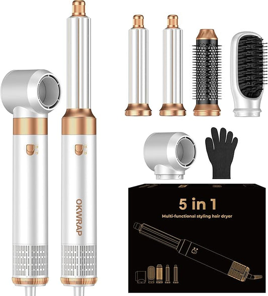5 in 1 Blow Dryer Brush Set,Hot Air Styler Negative Ion Air Curling Wrap Air Curler, Round Brush Blow Dryer Curling Iron Hair Styling Tools Gift for Dry,Volumize, Straight,Curl,100-120V