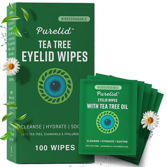 100PCs Tea Tree Eyelid Wipes – Cleaning Eye Wipes for People with Dry Eyes & Allergies – Gentle Eyelid Cleanser with Hyaluronic Acid, Chamomile and Aloe – Individually Wrapped & Biodegradable