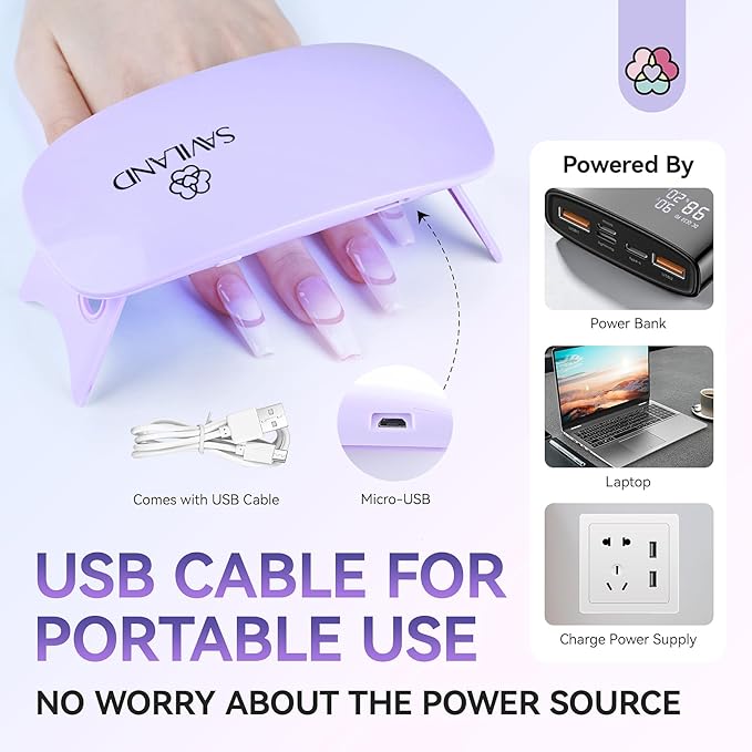 SAVILAND SSPro X Gel U V Nail Lamp for Gel Polish: 12W Mini Portable LED Light Fast Curing 2 Timers Flash Cure Lamp USB Interface Folding Design Personal Manicure Home Travel Use U V Light Purple