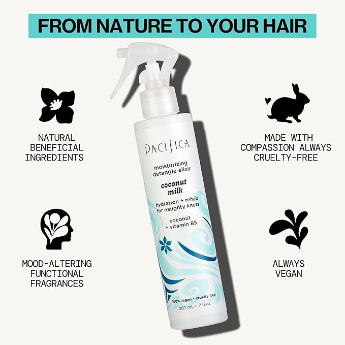 Pacifica Coconut Milk Hair Detangler Spray - Leave In Conditioner Spray, Detangling Elixir Suitable for All Types, Fine and Curly Hair Products, Smoothing, Moisturizing, and Anti-Frizz - 207 mL