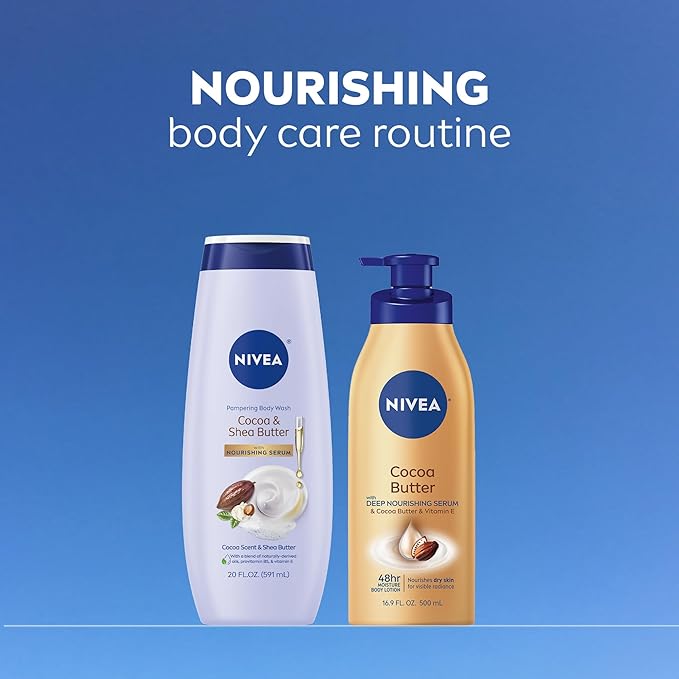 NIVEA Pampering Cocoa and Shea Butter Body Wash with Nourishing Serum, Moisturizing Body Wash for Women, Enriched with Provitamin B5 and Vitamin E, 20 Fl Oz Bottle