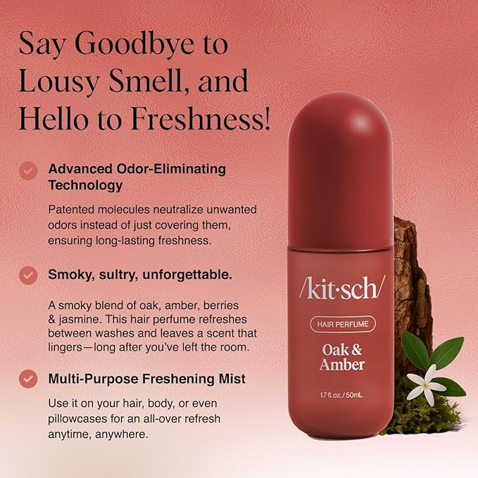 Kitsch Hair Perfume for Women - Oak & Amber | Clean, Deodorizing & Patented Odor-Eliminating Technology Hair Spray & Body Mist - Freshen Hair, Body & Pillows- Berries and Blooming Jasmine Scent - 50mL