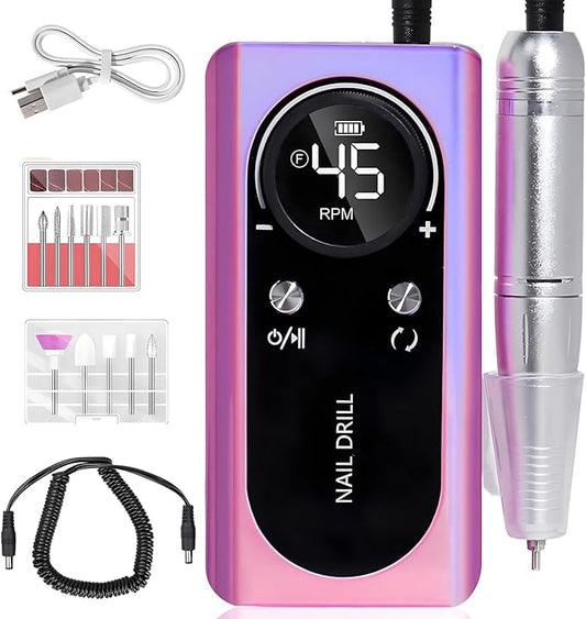 Electric 45000RPM Nail Drill Machine Rechargeable Portable Nail File Electric DIY Nail Drill Kit with Smart LCD Screen for Gel Nail Manicure and Pedicure Reflective Body etc(Dazzle)
