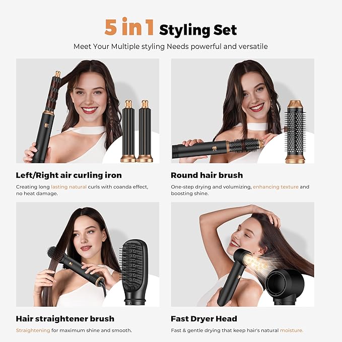 5 in 1 Blow Dryer Brush Set,Hot Air Styler Negative Ion Air Curling Wrap Air Curler, Round Brush Blow Dryer Curling Iron Hair Styling Tools Gift for Dry,Volumize, Straight,Curl,100-120V