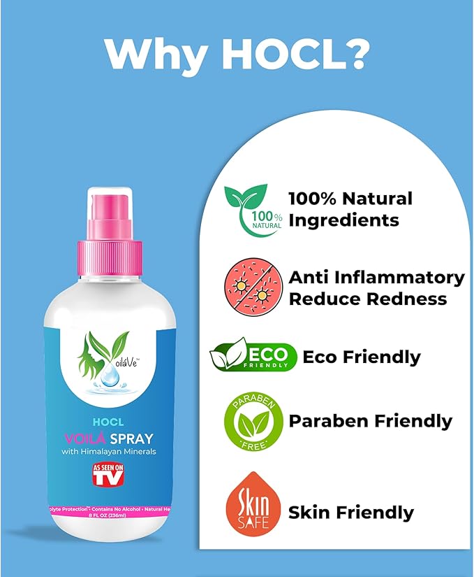 VoilaVe HOCL Spray | Hypochlorous Acid Spray for Skin | HOCL Face & Body Mist Toner for Acne, Scars, Redness, Irritations, Itchy Scalp & Piercing Aftercare | As Seen on TV – 8oz (Packaging May Vary)