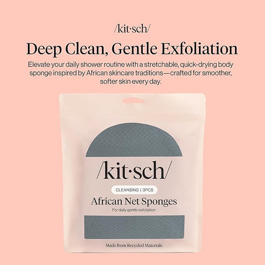 Kitsch African Net Sponge – Exfoliating Body Scrubber for Cleansing & Gentle Daily Exfoliation – Stretchable Bath Sponge for Hard-to-Reach Areas, Long-Lasting Shower Essential - Aqua Grey, 3 Pcs